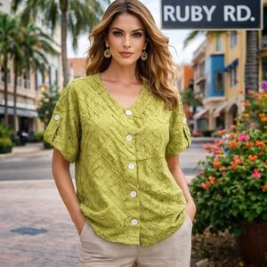 Ruby Rd. Cotton Blend Lace Overlay Button Front Top | Textured Green